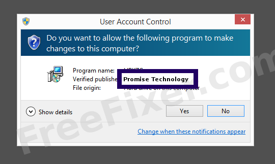 Screenshot where Promise Technology appears as the verified publisher in the UAC dialog
